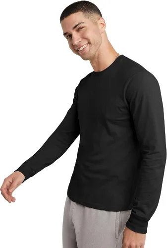 Vista 3 de Hanes Camiseta de algodón de manga larga para hombre, camiseta clásica de cuello redondo para hombre, disponible en tallas altas