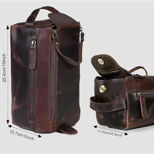 Vista 5 de Bolsa de aseo unisex de cuero de búfalo genuino, hecha con cuero de búfalo de alta calidad Marrón