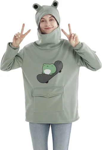 Vista 6 de RGOSME Sudadera con capucha de rana para niñas y adolescentes, sudadera con capucha gráfica de gran tamaño para mujer, sudadera para disfraz