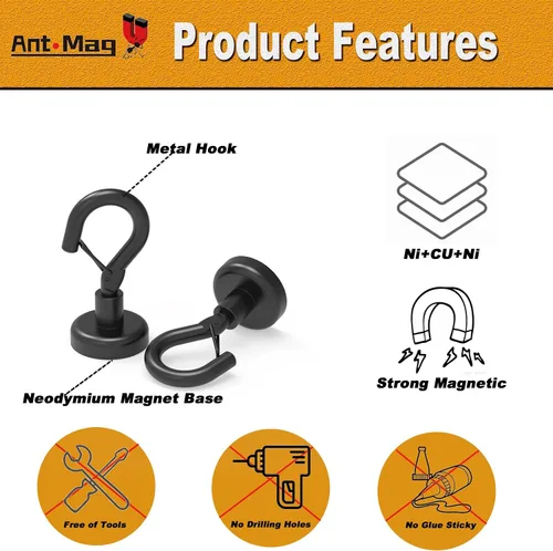 Vista 4 de Ant Mag Ganchos magnéticos negros resistentes con broche de presión de 22 libras, ganchos magnéticos fuertes, ideales para colgar en refrigerador
