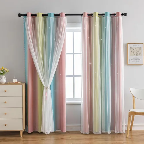 Vista 8 de Cortinas opacas con recortes de estrellas para dormitorio de niñas y niños, cortina de doble capa con aislamiento térmico y superposición