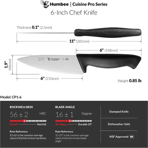 Vista 5 de Cuisine Pro - Cuchillo de chef de 6 pulgadas - Hoja de espiga completa de acero inoxidable para uso profesional y personal - Mango ergonómico