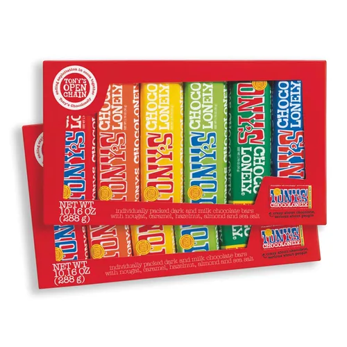 Vista 11 de Tony’s Chocolonely - Paquete de variedad de barras de chocolate arcoíris, chocolate belga oscuro y con leche con sal marina, caramelo, almendra