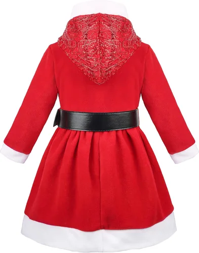 Vista 4 de Lilax Vestido rojo con capucha y cinturón navideño para niñas pequeñas, Rojo