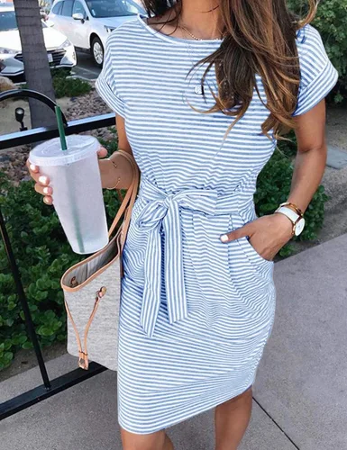 Vista 2 de MEROKEETY - Vestido de verano con manga corta, a rayas, casual, estilo camiseta, con lazo en la cintura y bolsillos, para mujer