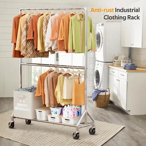 Vista 7 de AOODA Perchero de ropa resistente de 50 pulgadas de ancho para colgar ropa, perchero industrial de doble barra con ruedas, perchero resistente