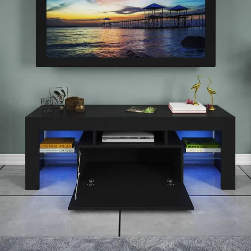 Vista 8 de Soporte de TV, gabinete multimedia de estilo minimalista moderno para sala de estar con luces LED de alto brillo (negro)