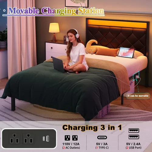 Vista 5 de Base de cama individual con estación de carga, luz LED y cabecera tapizada de piel sintética, base de cama de plataforma con almacenamiento debajo