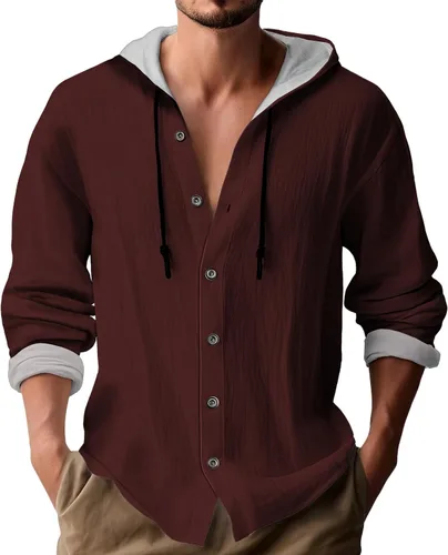 Vista 3 de Sudadera con capucha de manga larga para hombre, color liso, con botones, casual, ajuste holgado, para primavera, otoño, playa, con capucha
