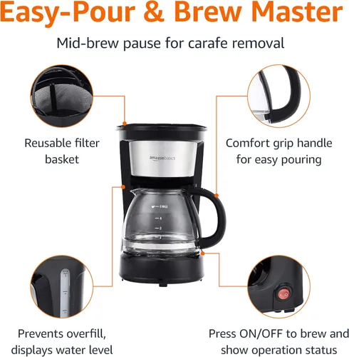 Vista 3 de Amazon Basics - Cafeteras para 5 tazas con filtro reutilizable, Jarras de café, de acero inoxidable y de color negro