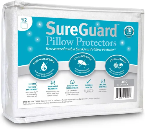 Vista 11 de Juego de 2 protectores de almohada SureGuard de tamaño estándar, 100% impermeables, a prueba de chinches, hipoalergénicos, fundas de rizo de algodón