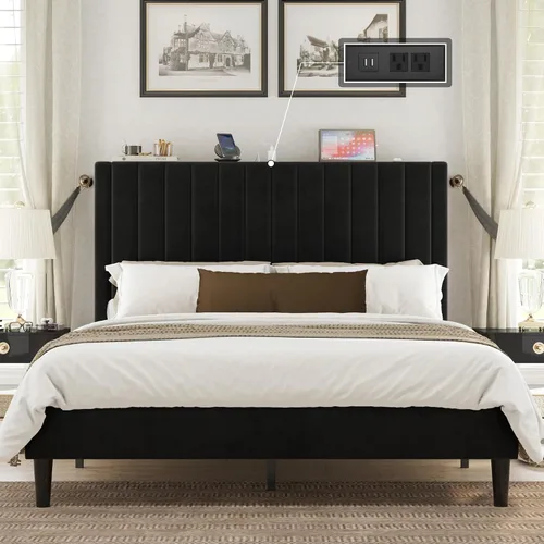Vista 3 de VanAcc Base de cama tamaño Queen, plataforma tapizada de terciopelo con cabecera capitoné de canal, base de colchón con listones de madera,