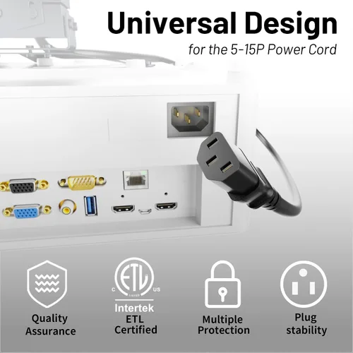 Vista 7 de Vockjour Cable de alimentación universal de 3 pies (0.93m), cobre puro ETL, negro