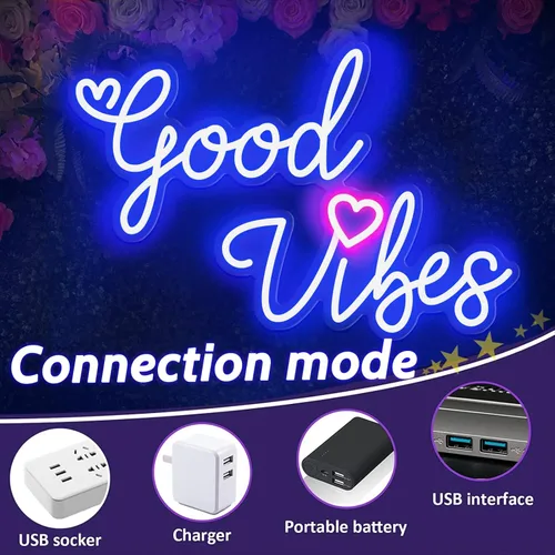 Vista 3 de Good Vibes - Letrero de neón para decoración de pared, regulable, alimentado por USB, luz de neón LED Good Vibes para fiesta y regalo