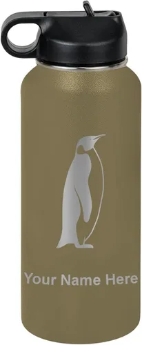 Vista 21 de LaserGram Botella de agua personalizada, pingüino, acero inoxidable de doble pared aislada al vacío con popote superior, regalo grabado