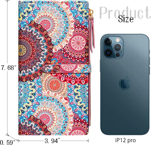 Vista 34 de Billeteras delgadas para mujer, tarjetero RFID plegable con bolsillo con cremallera, Mandala azul, Delgado