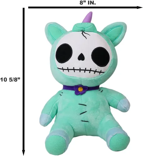 Vista 2 de Ebros Gift Furrybones más grande azul cielo unicornio encantado Unie lindo esqueleto monstruo con cuerno rosa, figura suave, huesos peludos