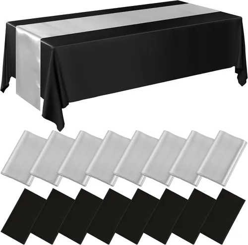 Vista 10 de Tudomro 16 piezas de manteles de plástico desechables negros y rosa fuerte y juego de camino de mesa de satén 54 x 108 pulgadas Mantel 12 x 108