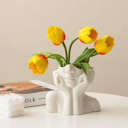 Vista 3 de Jarrón grande de cerámica, jarrones de flores blancas para decoración de forma femenina, jarrón de medio cuerpo, bohemio, único, decorativo