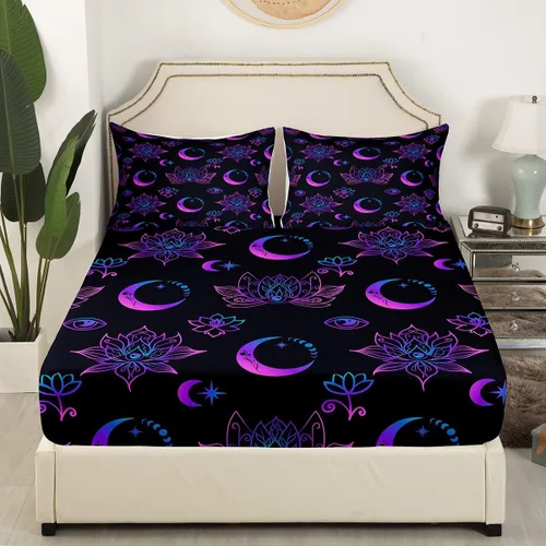 Vista 3 de Erosebridal Juego de sábanas tamaño individual con estampado de luna, diseño de flores de loto, color morado degradado, juego de sábanas orientales