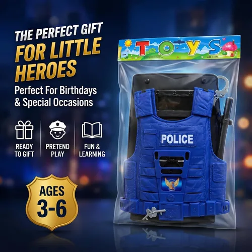 Vista 7 de Set de policía para niños, con máscara, chaleco, escudo, placa, esposas, granada, macana y cuchillo