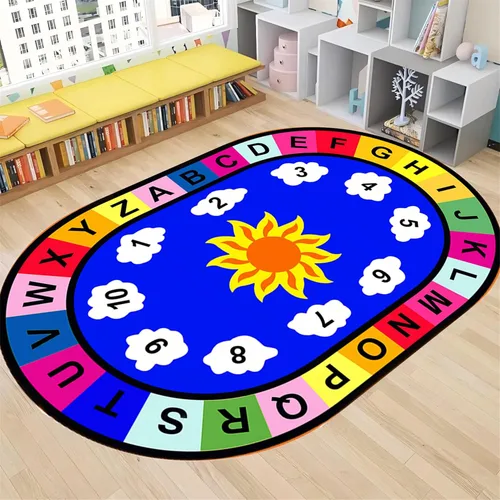 Vista 13 de Tapete de aprendizaje educativo para niños, 3 x 4 pies, tapete decorativo con diseño de planeta y alfabeto ABC, ovalado, grande, antideslizante