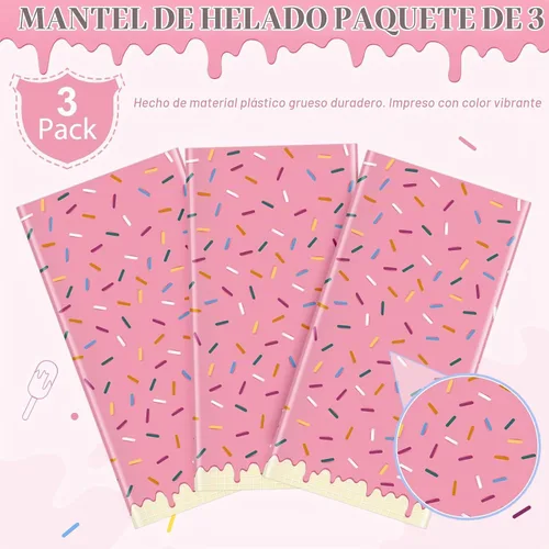 Vista 4 de 3 Piezas Mantel de Donas con Chispitas, Mantel de Mesa de Helado Rosa, Cubiertas de Mesa Rectangulares de Plástico Desechable para Niña Bebé Dulce