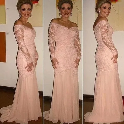Vista 4 de Mermaid Laces Mother of The Bride Dress with Long Sleeves Off Shoulder Formal Party Evening Gown HO16