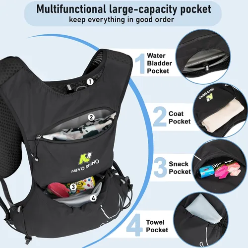 Vista 6 de N NEVO RHINO Chaleco para correr, chaleco de agua para correr de hidratación, 5.5 L, con bolsa de agua de 1.5 L, mochila de hidratación ligera
