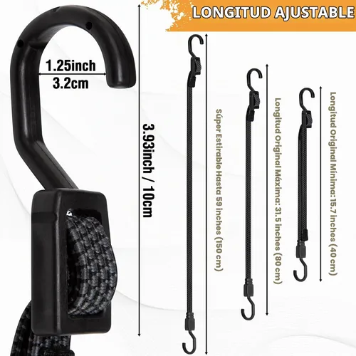 Vista 3 de Cuerdas Elásticas con Ganchos de Alta Resistencia, Cuerdas Elásticas Planas Ajustables con Ganchos de 32 Pulgadas, Correas Elásticas de Goma Negras
