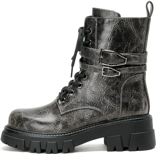 Vista 4 de Botas de combate para mujer, botas rave para mujer, botas de motocicleta de moda, con hebilla, góticas, tacón grueso