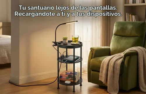 Vista 7 de Mesa auxiliar redonda pequeña con estación de carga para espacios pequeños, mesa decorativa de 3 niveles con puertos USB y tomas de corriente, mesa