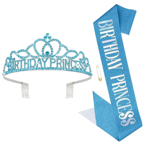 Vista 12 de CIEHER Set de Corona y Banda, Decoraciones de Cumpleaños de Princesa, Oro, Talla única