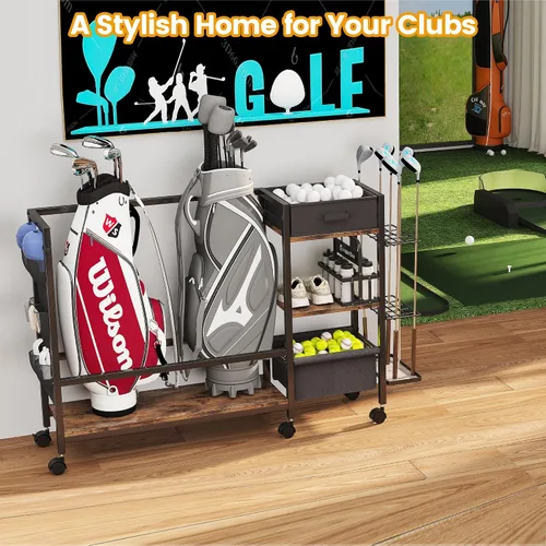 Vista 3 de Organizador de almacenamiento de bolsa de golf para garaje, organizador de golf con estante de golf adicional y bolsa lateral de tela para 20 palos