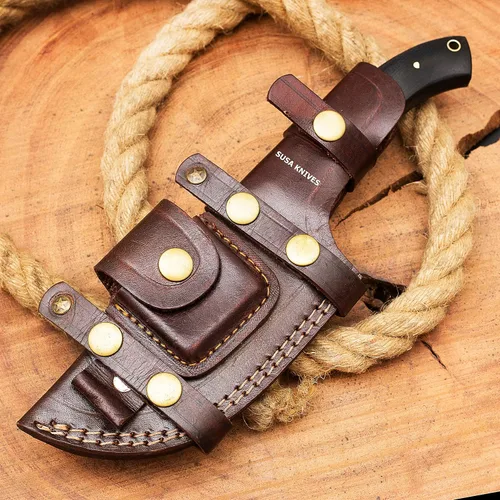 Vista 6 de Cuchillo de acero D2 hecho a mano - Cuchillo de supervivencia - Cuchillo de camping táctico para caza con funda, hoja fija, transporte horizontal