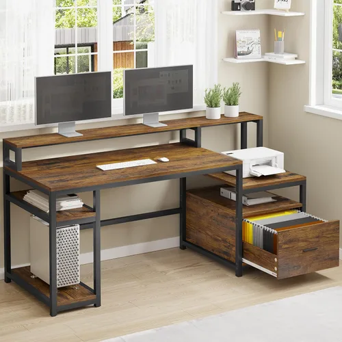 Vista 9 de SEDETA Escritorio para computadora con 5 cajones, toma de corriente, luces Negro con luces LED