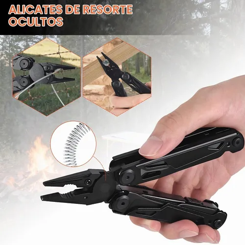 Vista 4 de Multiherramienta, multiherramienta de acero inoxidable 28 en 1 con cuchillo de bolsillo, alicates autobloqueantes, abrebotellas, herramienta Negro