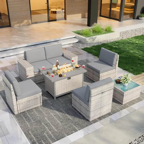 Vista 11 de Juego de muebles de patio de 6 piezas, sofá modular para exteriores con reposabrazos anchos, sofá de grupo de asientos de mimbre con mesa auxiliar