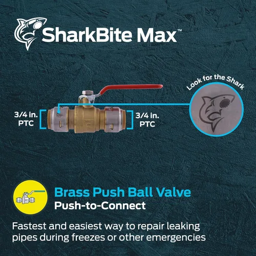 Vista 2 de SharkBite Válvula de bola máxima de 3/4 pulgadas, Empuje para conectar accesorios de plomería de latón, cierre de agua, tubo PEX, cobre, CPVC