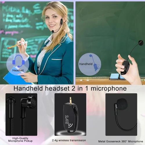 Vista 5 de Auriculares de Micrófono Inalámbrico MIC: 2.4G Micrófono de Cabeza Inalámbrico y Micrófono de Mano 2 en 1 - Rango de 160 Pies con Enchufe de 1/8