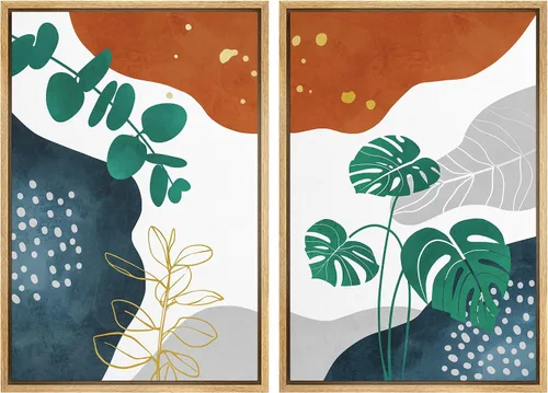 Vista 89 de SIGNFORD Lienzo enmarcado para pared, juego de arte geométrico retro de mediados de siglo, plantas forestales, ilustraciones con formas abstractas