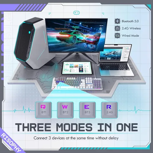 Vista 4 de RisoPhy Teclado Mecánico Inalámbrico, Modo Triple 2.4GUSB-CBluetooth Teclado Gaming, 104 Teclas Programables, Retroiluminación RGB Personalizable