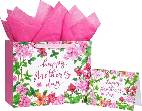 Vista 9 de LeZakaa Bolsa de regalo para el día de la madre, letras del día de la madre, diseño floral rosa, mariposa y papel de aluminio rosa, bolsa de regalo