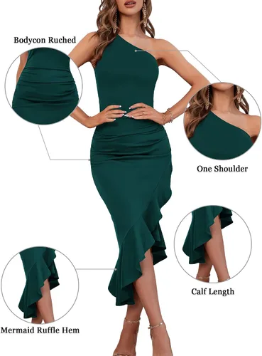 Vista 4 de HUHOT Vestido largo formal de un hombro para mujer sin mangas ajustado fruncido dobladillo con volantes cóctel fiesta graduación vestido largo