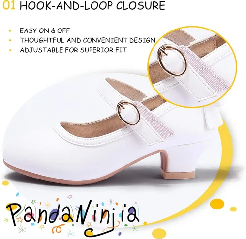 Vista 3 de PANDANINJIA Vestido de jada para niñas y niños pequeños, zapatos de princesa Mary Jane con tacones con lazo para fiesta, boda, boda