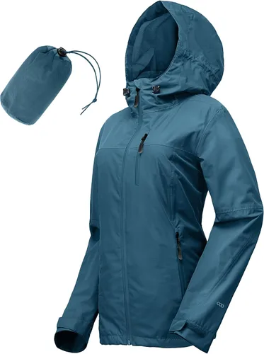 Vista 13 de Chaqueta impermeable plegable para mujer 33,000ft, ligera, impermeable, con capucha, para ciclismo y bicicleta, cortavientos Tono aguamarina
