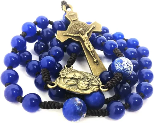 Vista 3 de Juego de pulseras de rosario y rosario de cordón de piedra arenisca y jade azul de santa familia - Pulsera de ojo de tigre para hombre - Rosario