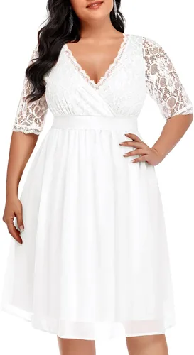 Vista 15 de Plus Size Wedding Guest Cocktail Midi Dress Lace Chiffon V Neck Wrap Negro