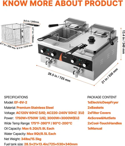 Vista 7 de VEVOR Freidora comercial, 2 freidora de aceite doble de 9 cuartos / 8.5 L con 2 cestas, acero inoxidable de 0.039 pulgadas de grosor, freidora