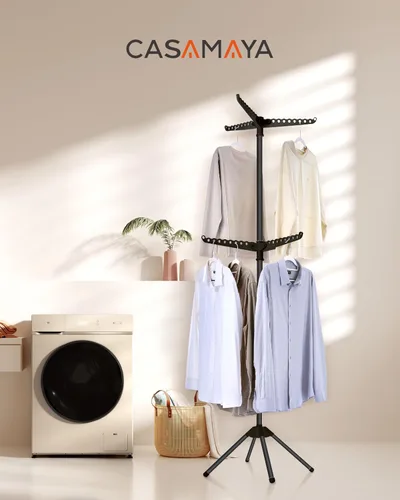 Vista 2 de CASAMAYA Tendedero plegable para ropa de 74.8 pulgadas, 2 niveles, con riel giratorio para 54 piezas de ropa, ahorro de espacio, interior, acero
